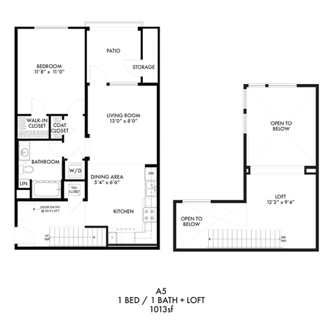 Floor plan for 1 bed, 1 bath, 1013 sqft
